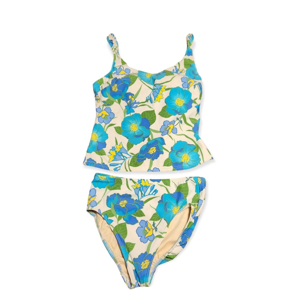 Lands' End Swim Suit Set Tankini Top Bikini Bottom White w/ Blue Flowers Size 8